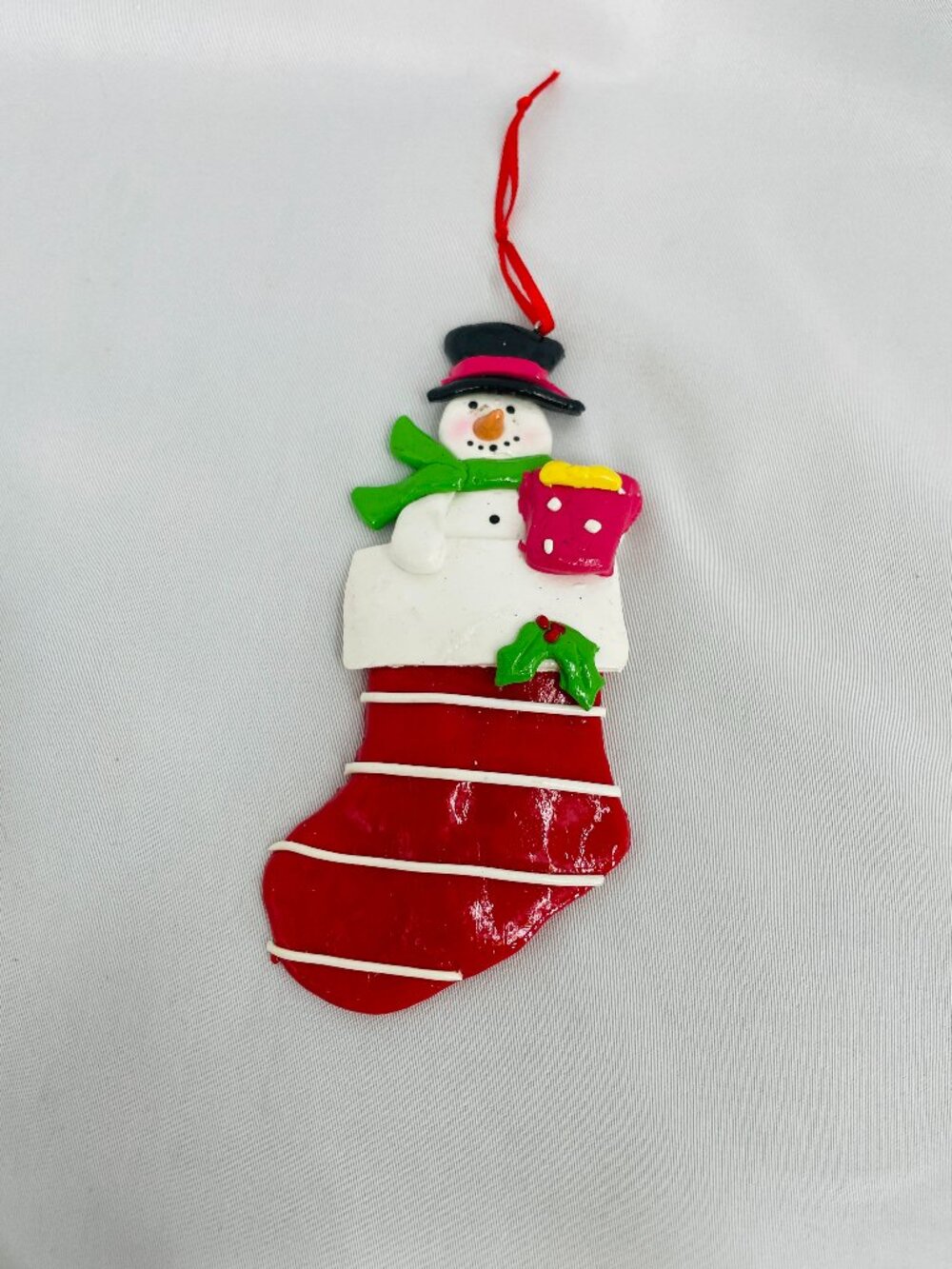 Vintage Ceramic Handmade Snowman Christmas Stocking Ornament